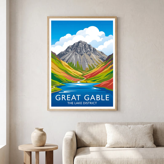 Great Gable travel poster in a natural frame, hanging in a living