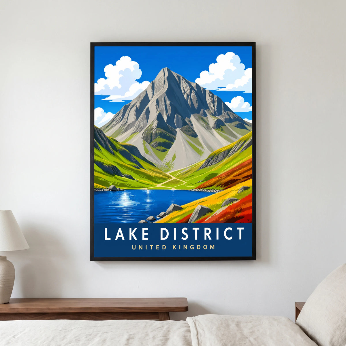 Great Gable travel poster in a black frame, hanging in a bedroom3