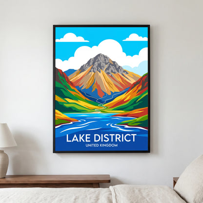 Great Gable travel poster in a black frame, hanging in a bedroom3