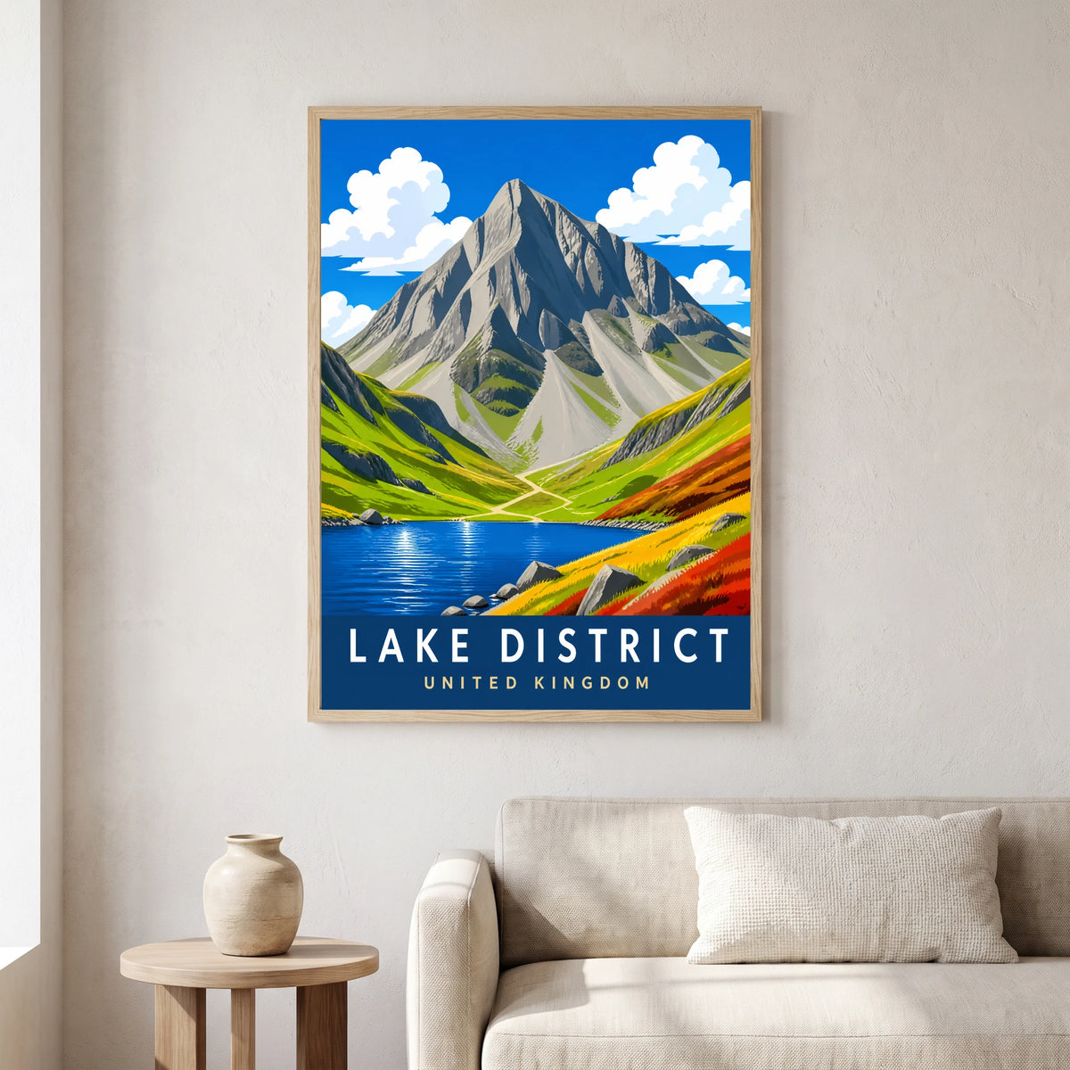 Great Gable travel poster in a natural frame, hanging in a living