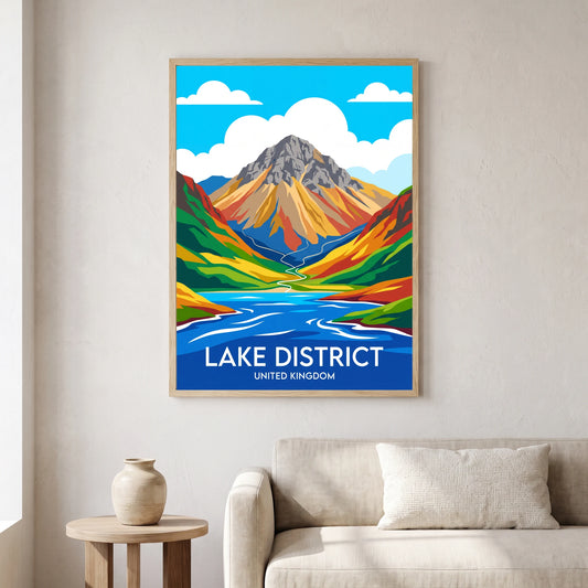 Great Gable travel poster in a natural frame, hanging in a living