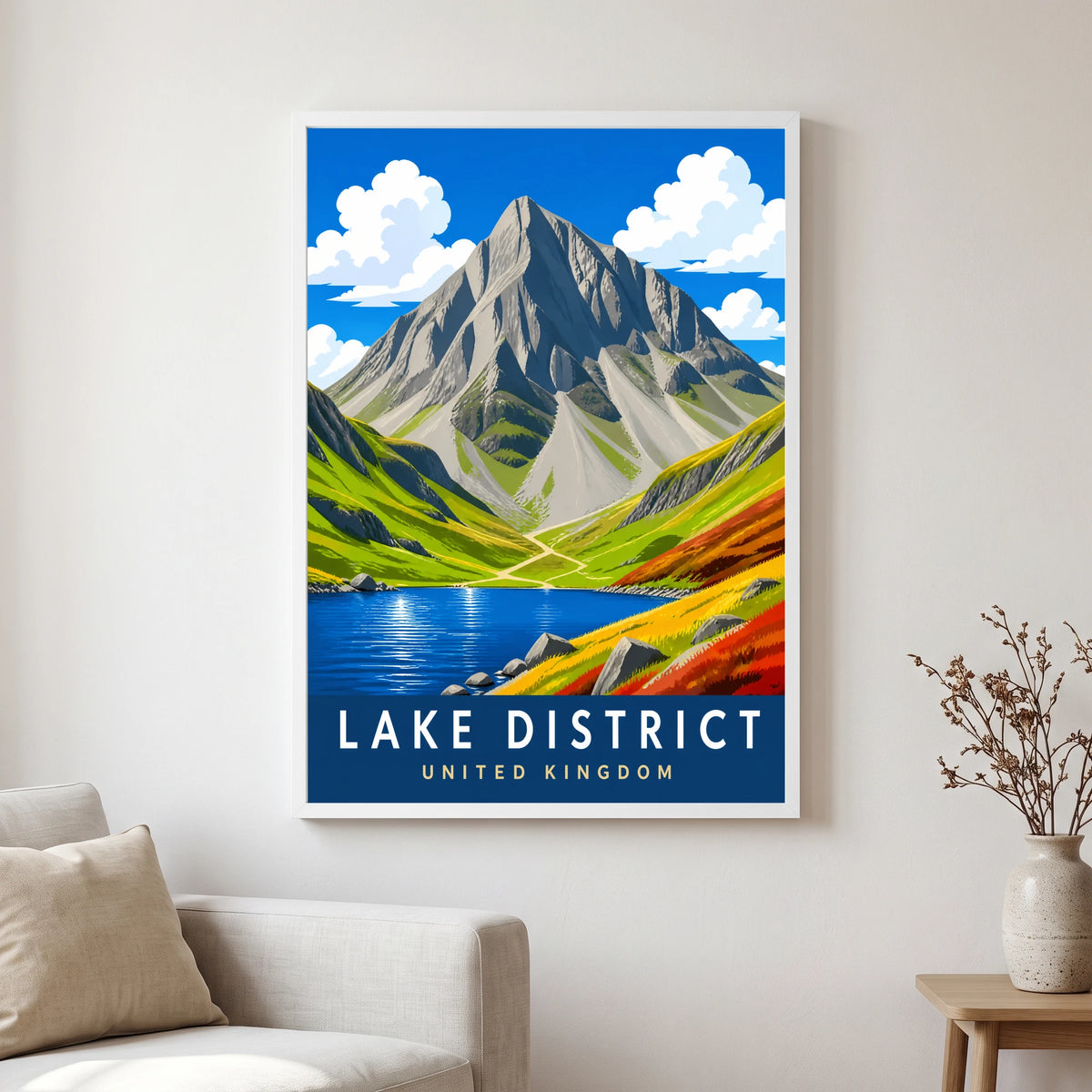 Great Gable travel poster in a white frame, hanging in a living2