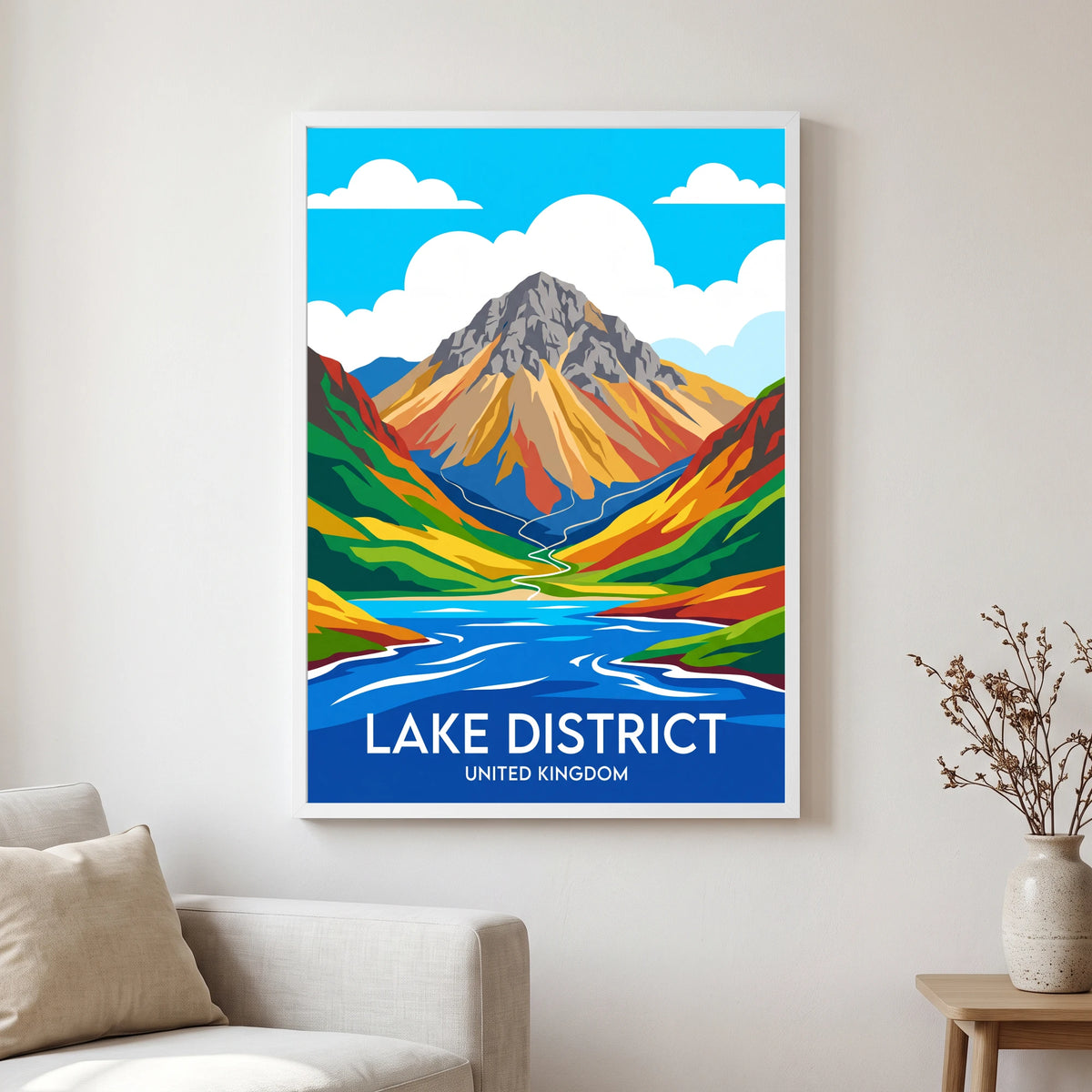 Great Gable travel poster in a white frame, hanging in a living2