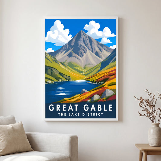 Great Gable travel poster in a white frame, hanging in a living2