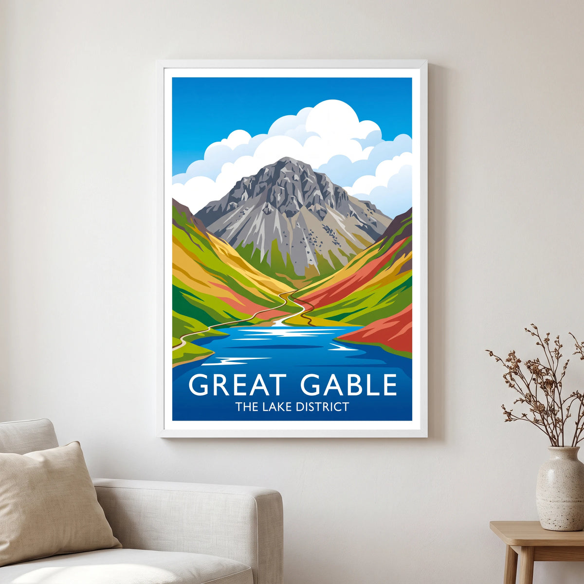 Great Gable travel poster in a white frame, hanging in a living2