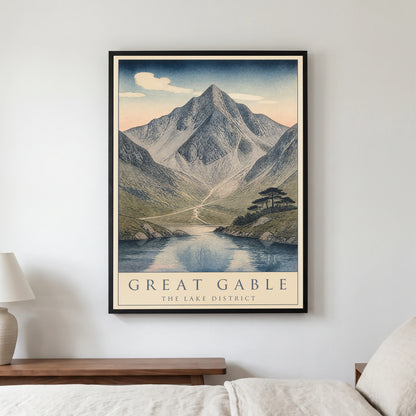 Great Gable travel poster in a black frame, hanging in a bedroom3