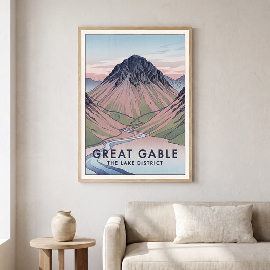 Great Gable travel poster in a natural frame, hanging in a living