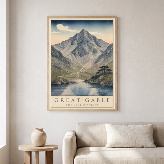 Great Gable travel poster in a natural frame, hanging in a living