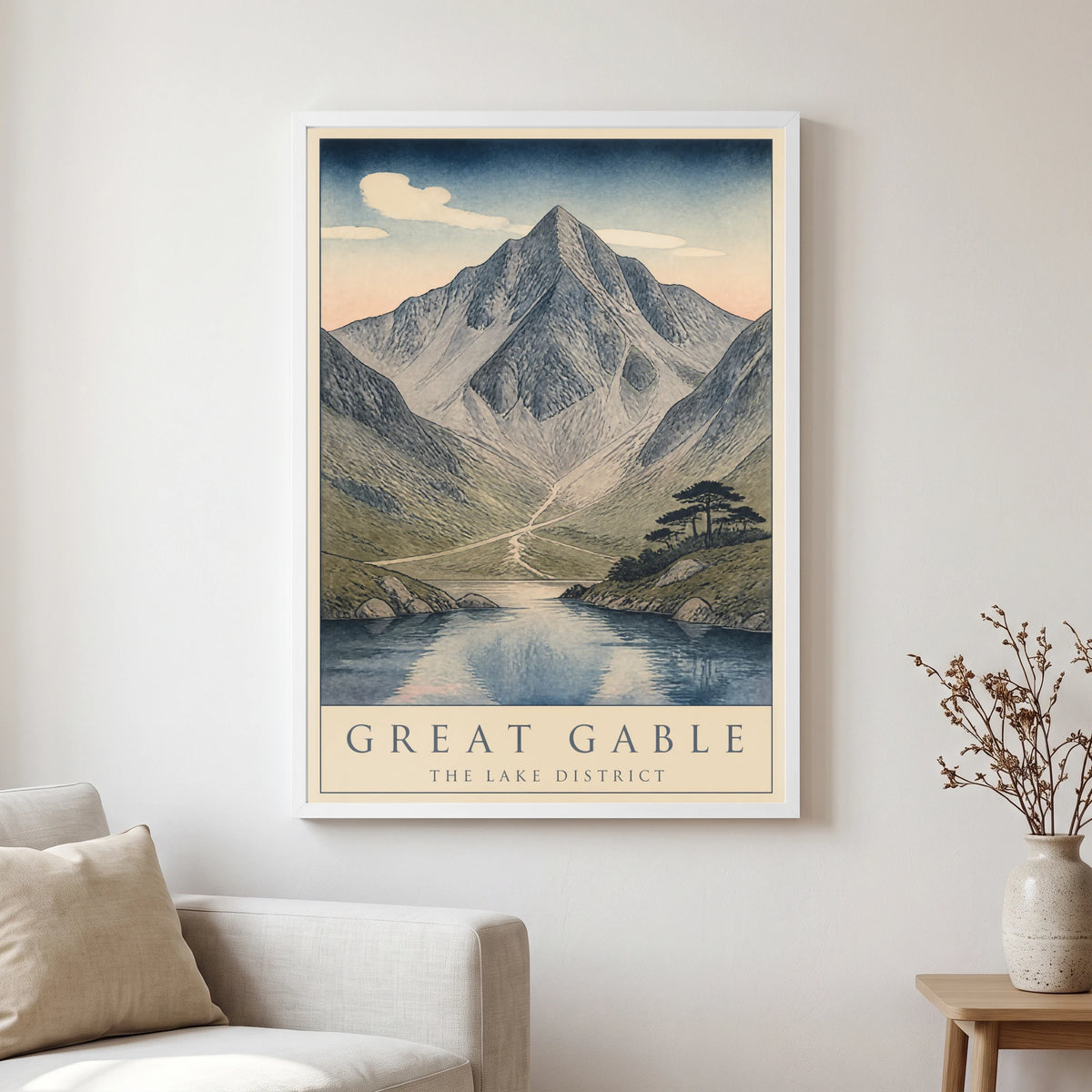 Great Gable travel poster in a white frame, hanging in a living2