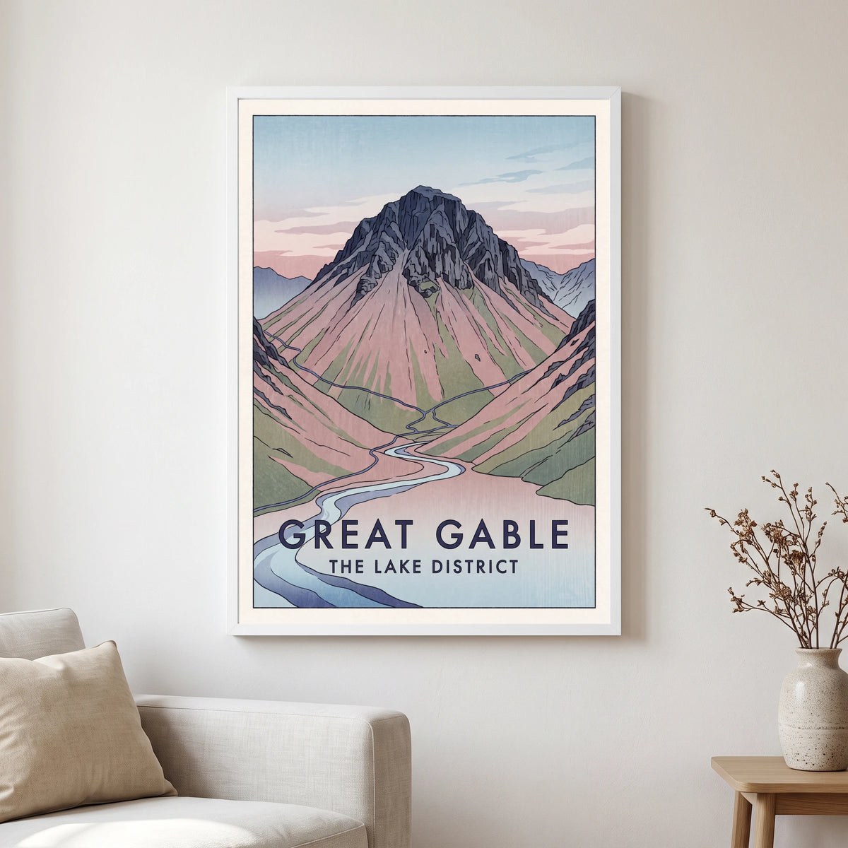 Great Gable travel poster in a white frame, hanging in a living2