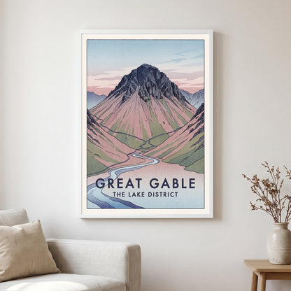 Great Gable travel poster in a white frame, hanging in a living2