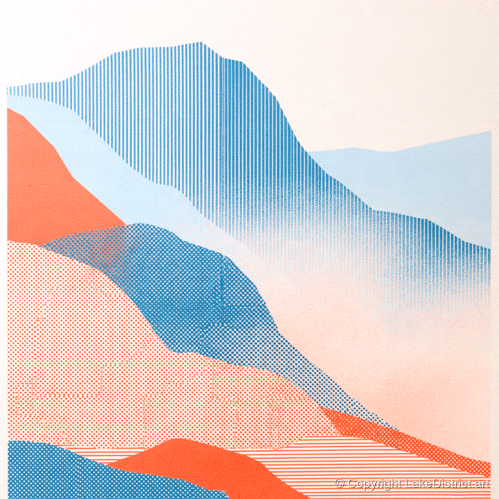 Great Langdale in Blue and Coral - lake district valley art print and canvas by Elliot Reid A.I