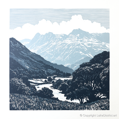 Great Langdale Slate Blue Fells - lake district valley art print and canvas by Alfred Morland A.I