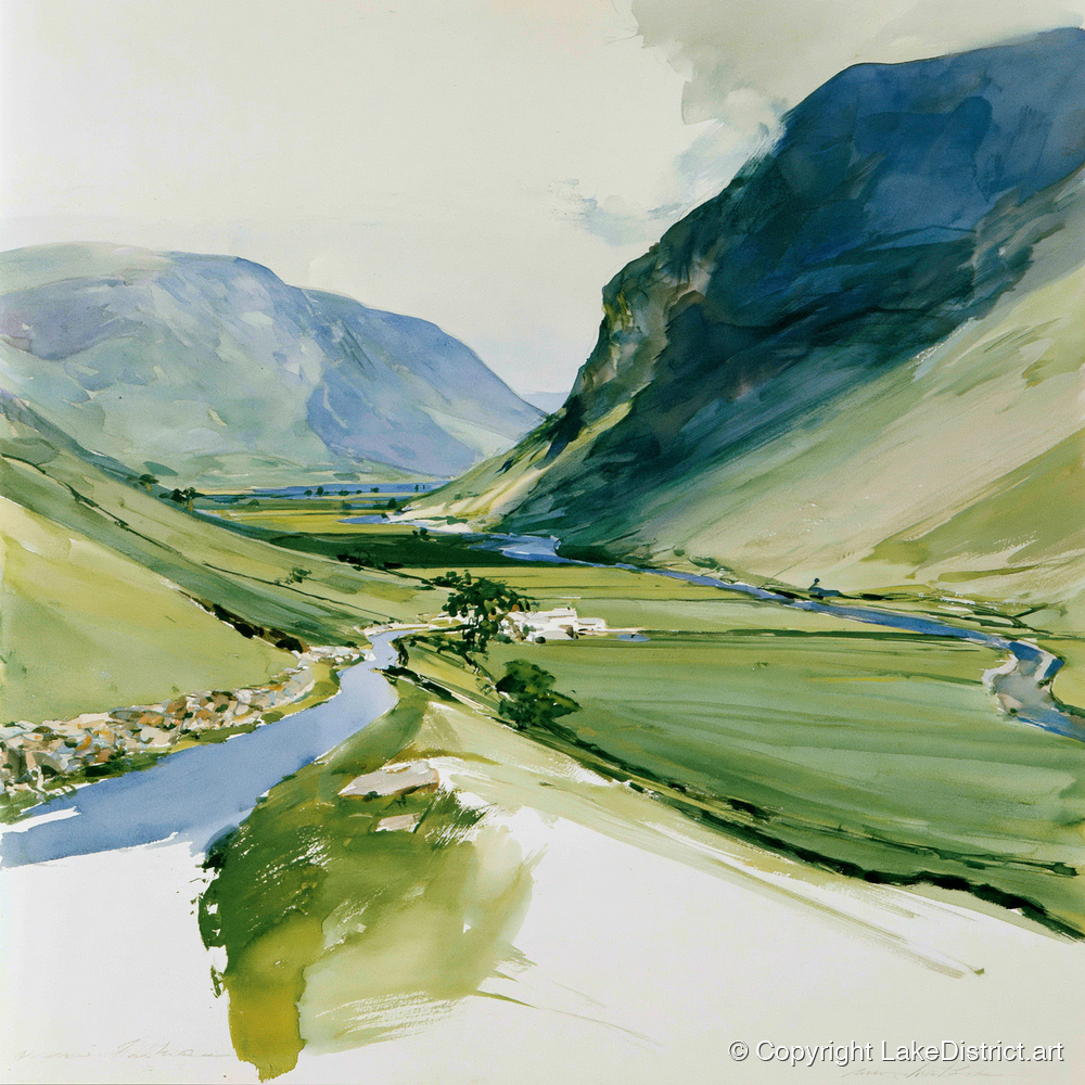 Green Valley and Winding Beck - lake district valley art print and canvas by Beatrice Langley A.I