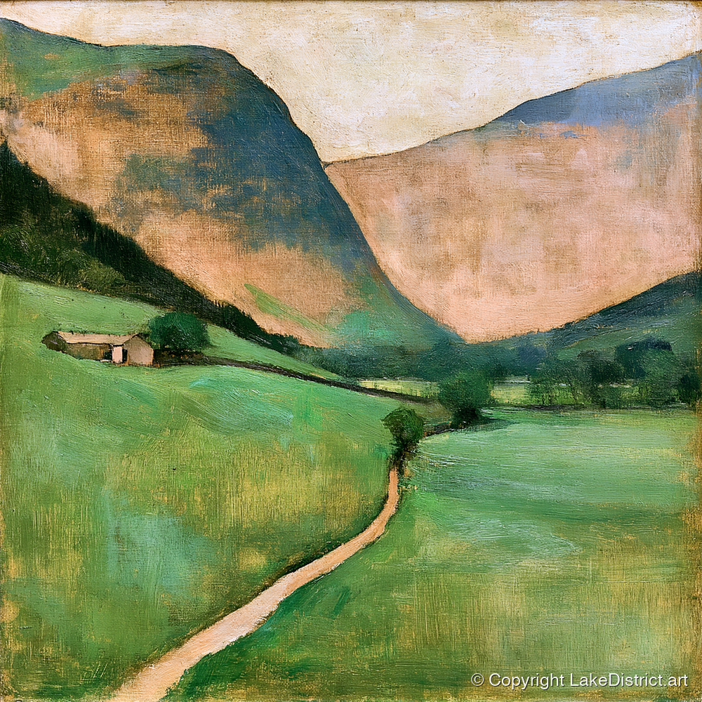 Green Valley Beneath Warm Fells - lake district valley art print and canvas by Arabella Knight A.I