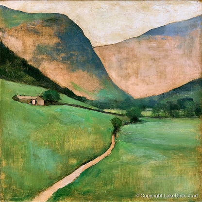 Green Valley Beneath Warm Fells - lake district valley art print and canvas by Arabella Knight A.I