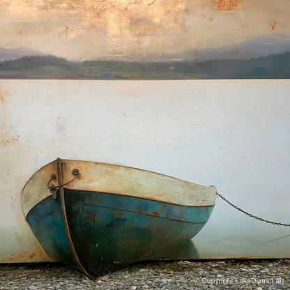 Grounded Boat on Misty Windermere - lake district lake art print and canvas by Silas Thorne A.I