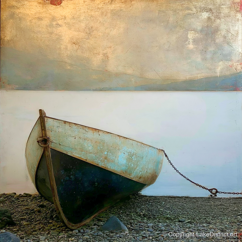 Grounded Teal Boat on Windermere - lake district lake art print and canvas by Silas Thorne A.I