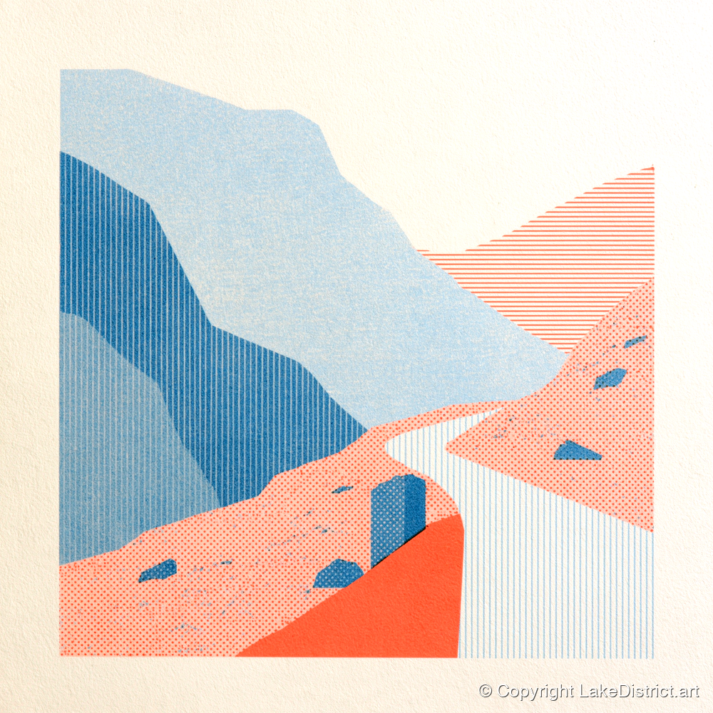 Hardknott Pass in Coral and Blue - lake district valley art print and canvas by Elliot Reid A.I