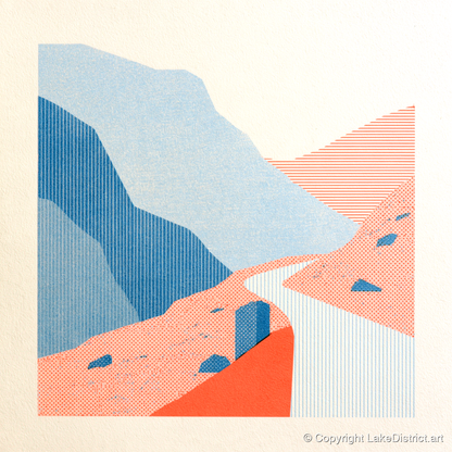 Hardknott Pass in Coral and Blue - lake district valley art print and canvas by Elliot Reid A.I
