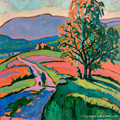 Hawkshead Fells with Dog Walker - gifts for dog walkers art print and canvas by Gideon Wright A.I