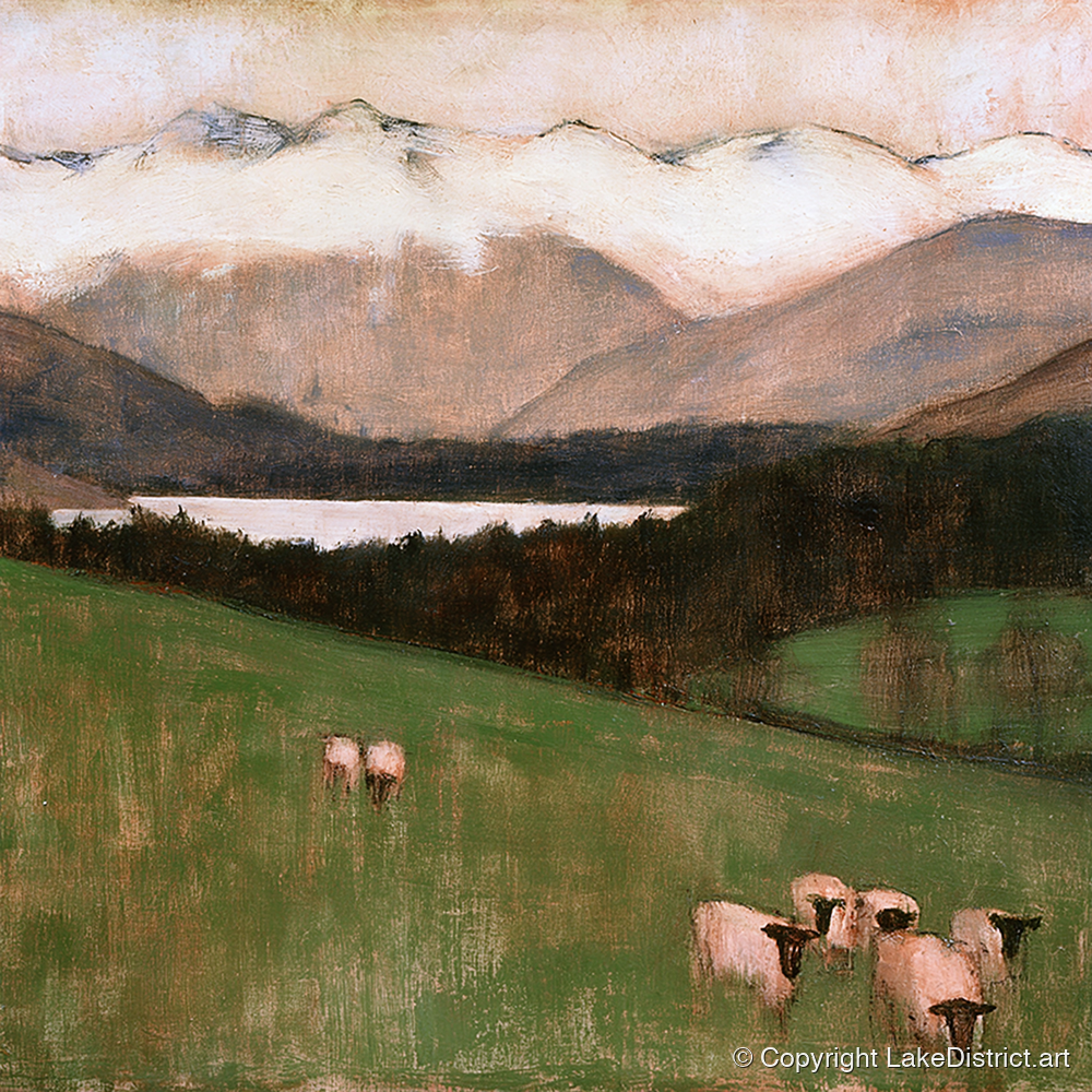 Hawkshead Pasture in Warm Light - lake district village art print and canvas by Arabella Knight A.I
