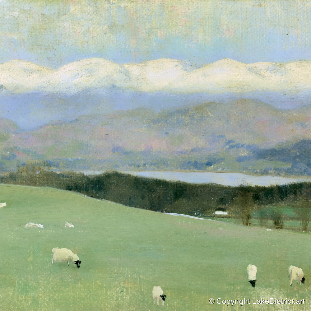 Hawkshead Pastures and Snow-Capped Fells - lake district village art print and canvas by Charles Waverly A.I