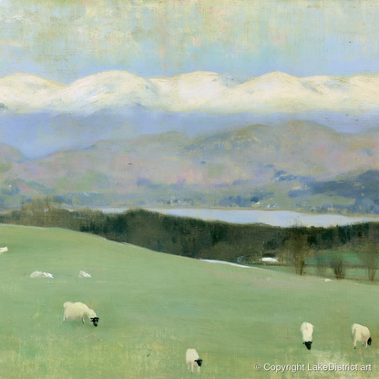 Hawkshead Pastures and Snow-Capped Fells - lake district village art print and canvas by Charles Waverly A.I