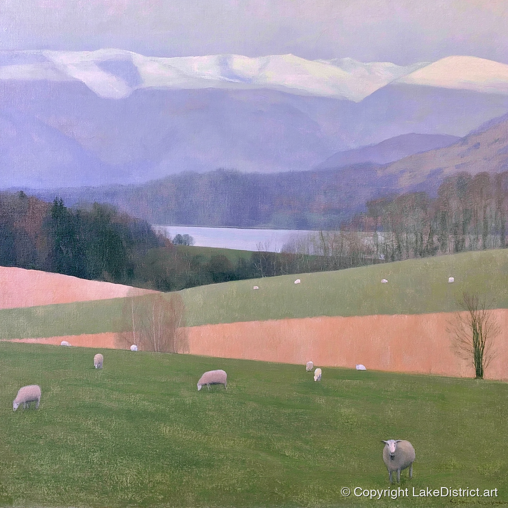 Hawkshead Pastures and Snowy Fells - lake district village art print and canvas by Alistair Thorne A.I