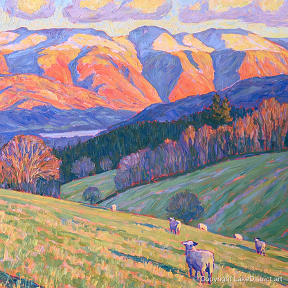 Hawkshead Pastures in Radiant Light - lake district village art print and canvas by Celia Harding A.I