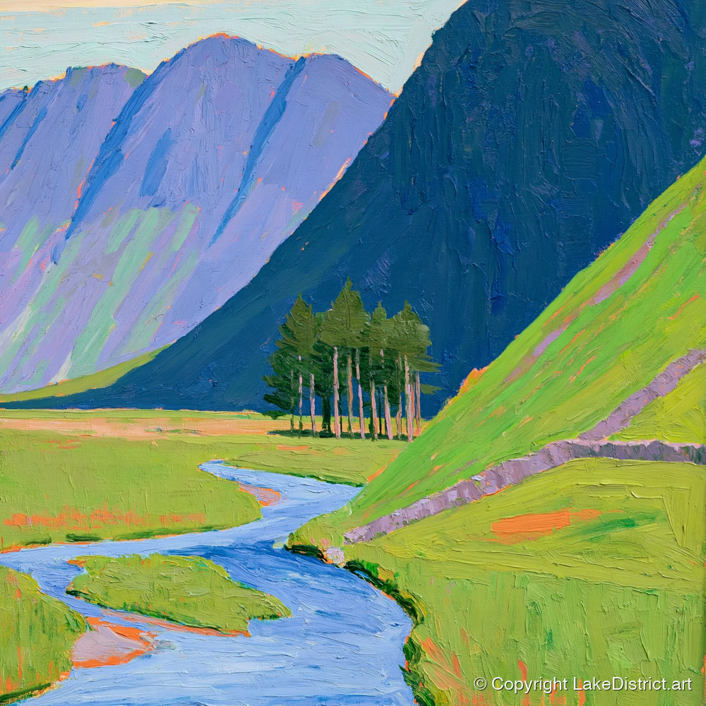 Haystacks and Vibrant Valley Beck - lake district fell art print and canvas by Marshall Davies A.I