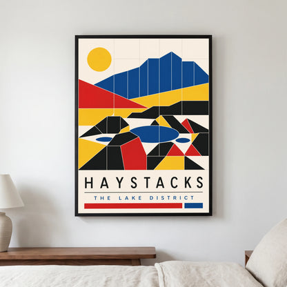 Haystacks travel poster in a black frame, hanging in a bedroom3