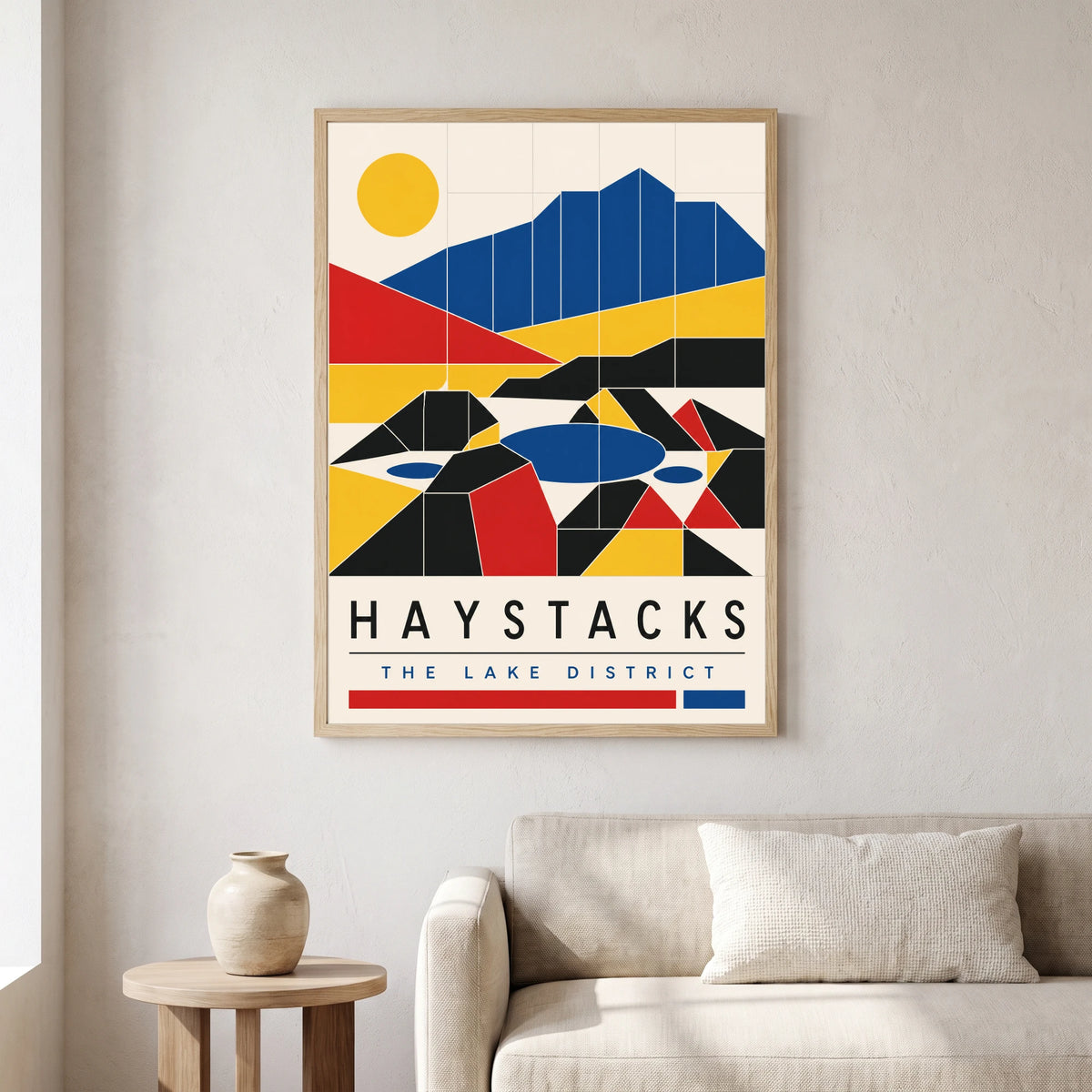 Haystacks travel poster in a natural frame, hanging in a living