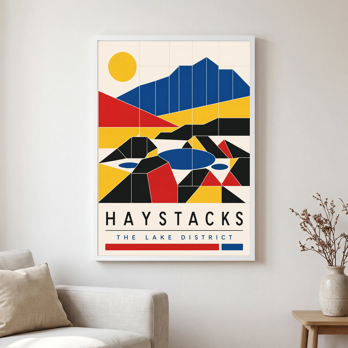 Haystacks travel poster in a white frame, hanging in a living2