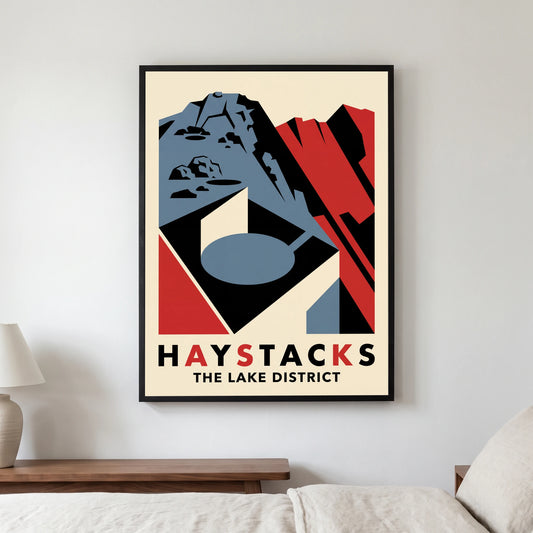 Haystacks travel poster in a black frame, hanging in a bedroom3