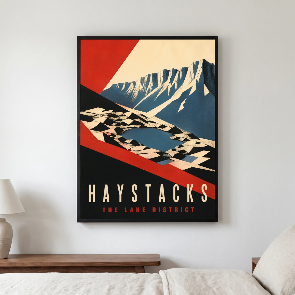 Haystacks travel poster in a black frame, hanging in a bedroom3