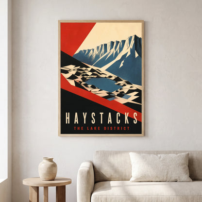 Haystacks travel poster in a natural frame, hanging in a living