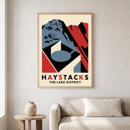 Haystacks travel poster in a natural frame, hanging in a living