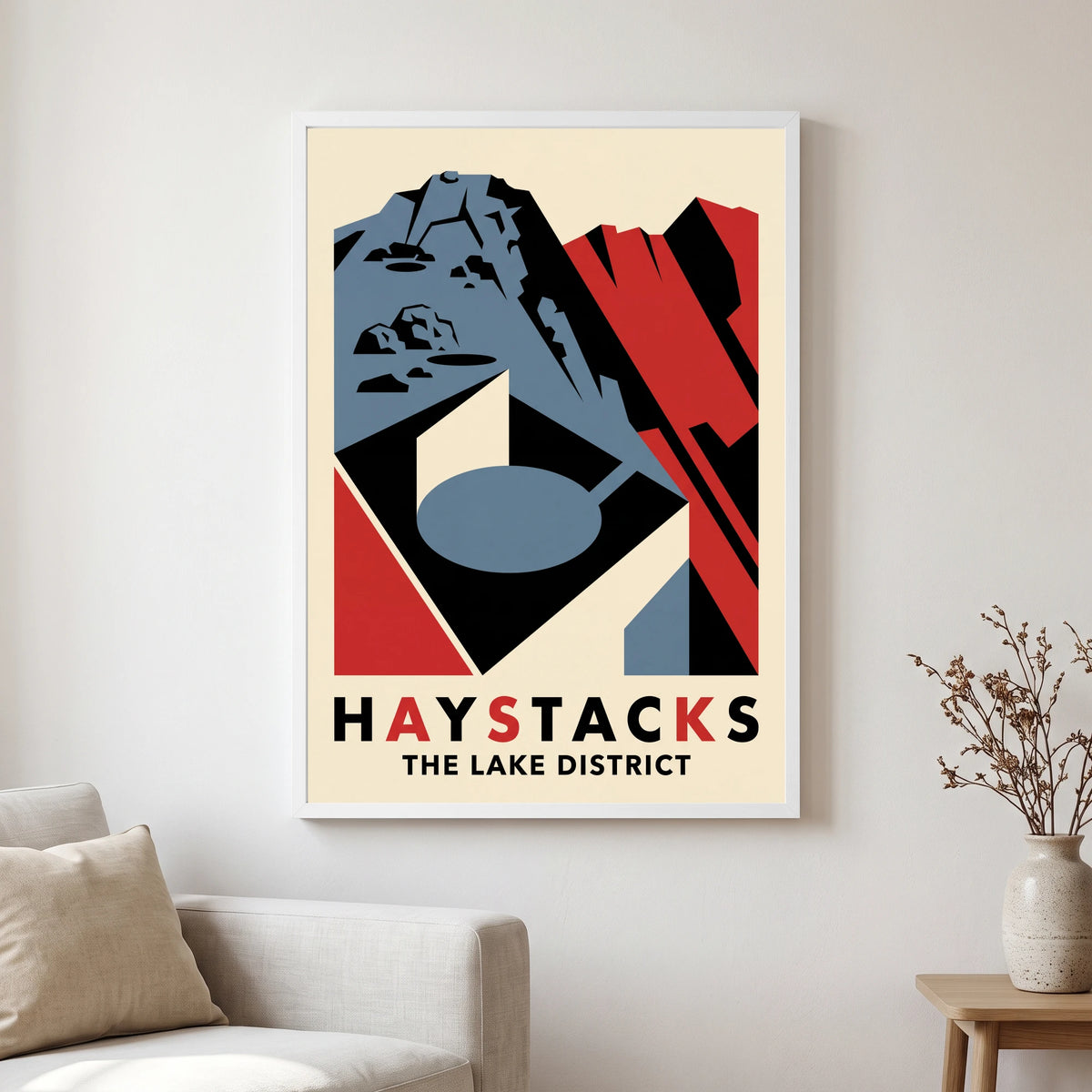 Haystacks travel poster in a white frame, hanging in a living2