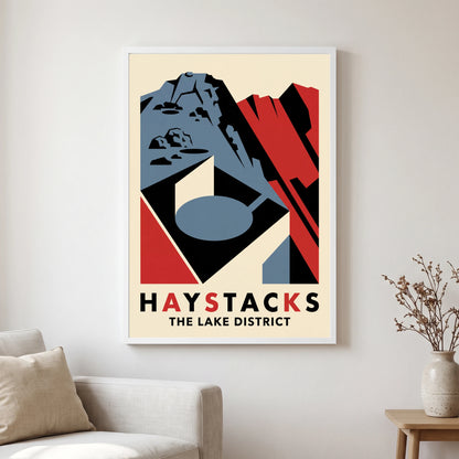 Haystacks travel poster in a white frame, hanging in a living2