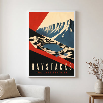 Haystacks travel poster in a white frame, hanging in a living2