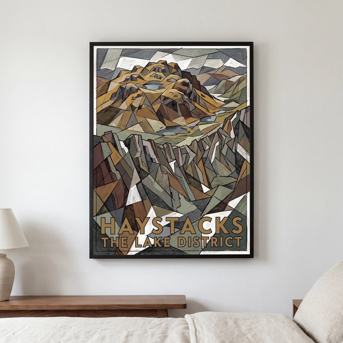 Haystacks travel poster in a black frame, hanging in a bedroom3