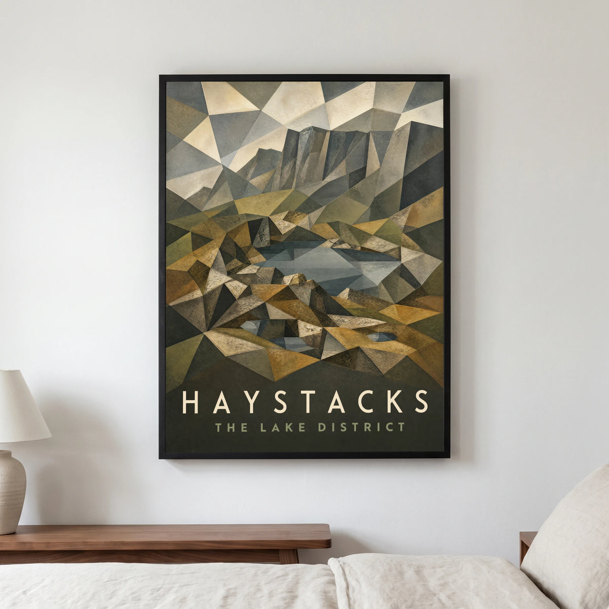 Haystacks travel poster in a black frame, hanging in a bedroom3