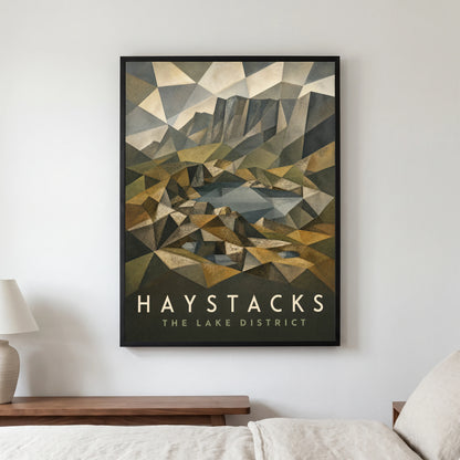 Haystacks travel poster in a black frame, hanging in a bedroom3