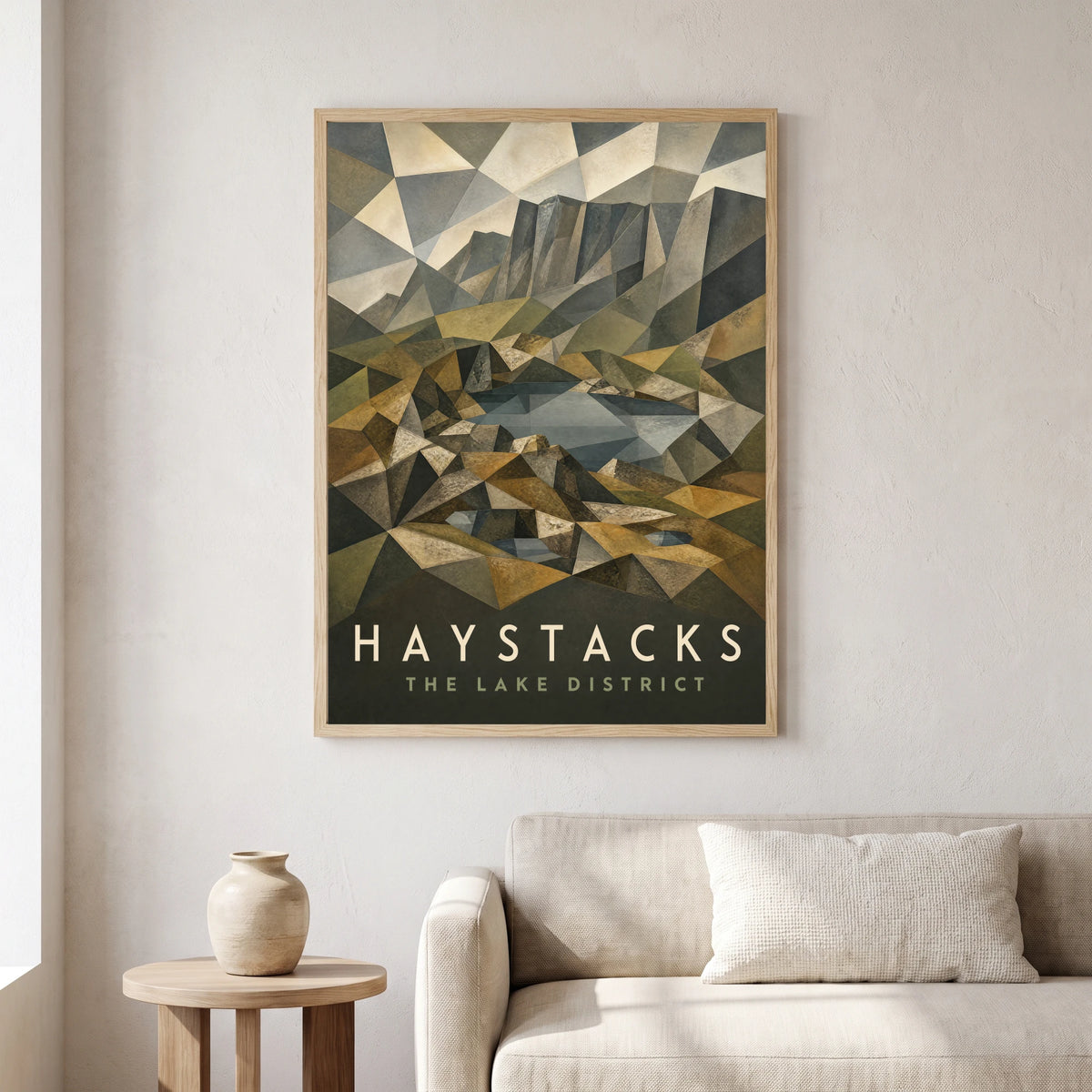 Haystacks travel poster in a natural frame, hanging in a living