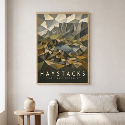 Haystacks travel poster in a natural frame, hanging in a living