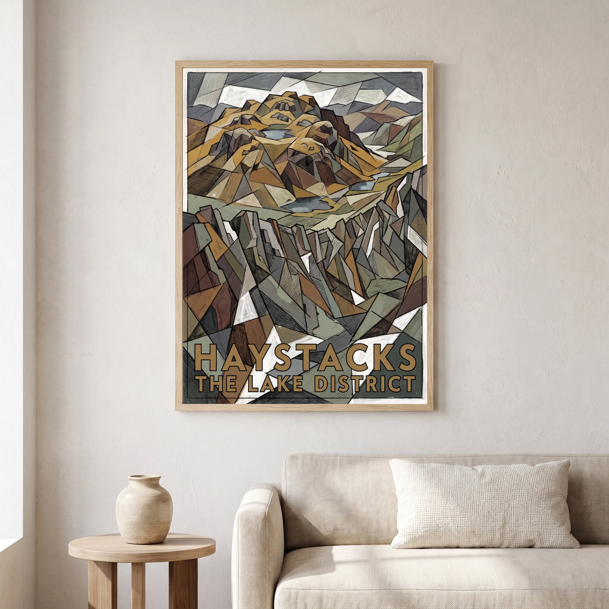 Haystacks travel poster in a natural frame, hanging in a living