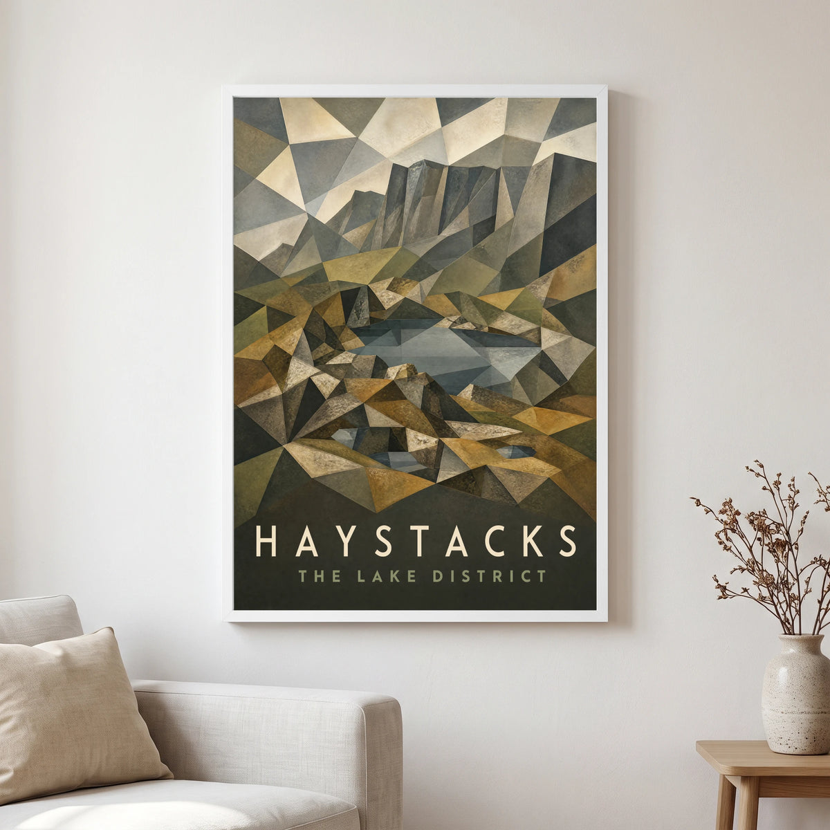 Haystacks travel poster in a white frame, hanging in a living2