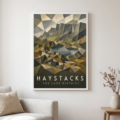 Haystacks travel poster in a white frame, hanging in a living2