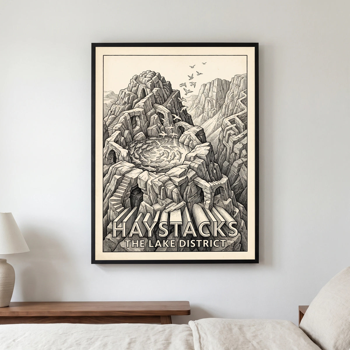Haystacks travel poster in a black frame, hanging in a bedroom3